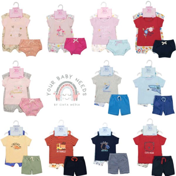 TM Setelan 3IN1 Baby Boy & Baby Girl Lengan Pendek Motif Karakter Bahan Katun Premium Import Untuk Anak Usia Newborn Sampai 18 Bulan
