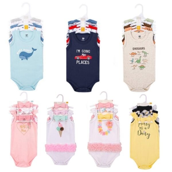 Set Bodysuit Kutung 5IN1 Baby Cowo dan Cewe Dapat Bandana Pita Bahan Katun Untuk Anak Laki-Laki dan Perempuan Usia Newborn Sampai 12 Bulan
