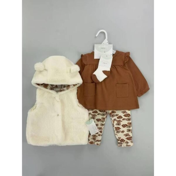 Setelan 4in1 Bodysuit Lengan Panjang Baby Cewe Dapat Vest Bulu Topi Lucu Bahan Katun Untuk Anak Perempuan Usia Newborn Sampai 12 Bulan - Gambar 2
