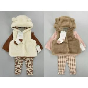 Setelan 4in1 Bodysuit Lengan Panjang Baby Cewe Dapat Vest Bulu Topi Lucu Bahan Katun Untuk Anak Perempuan Usia Newborn Sampai 12 Bulan